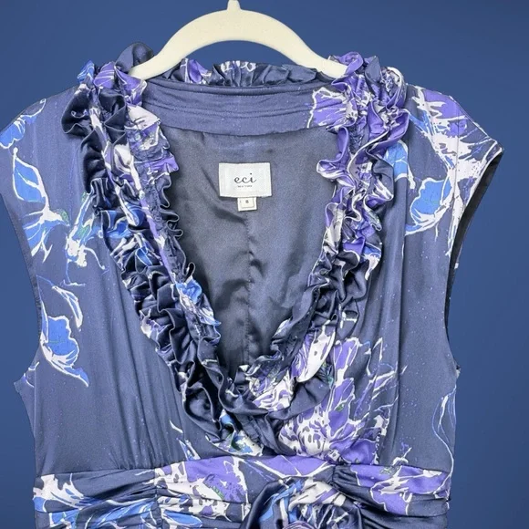 Y2K ECI Silk Floral Rosette Dress 8 Purple Blue Fluid Satin Finish Wedding Guest - Picture 5 of 12